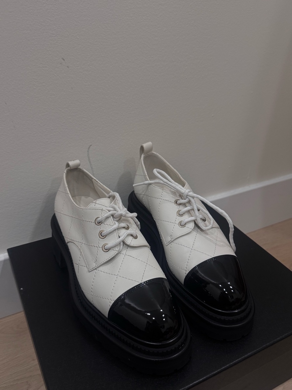 CHANEL White Quilted Oxford Shoes with Black Patent Cap Toe